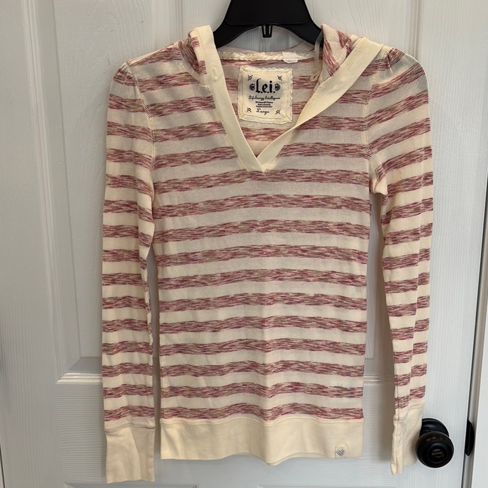 Striped V-Neck Long Sleeve Hooded Top, size Large, NWOT